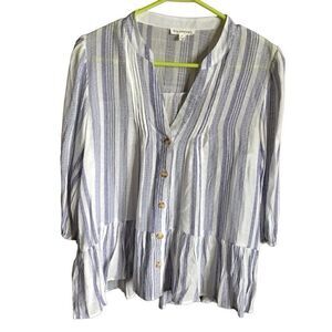 Blu pepper blue white striped blouse top 3/4 sleeve size Large Ruffle